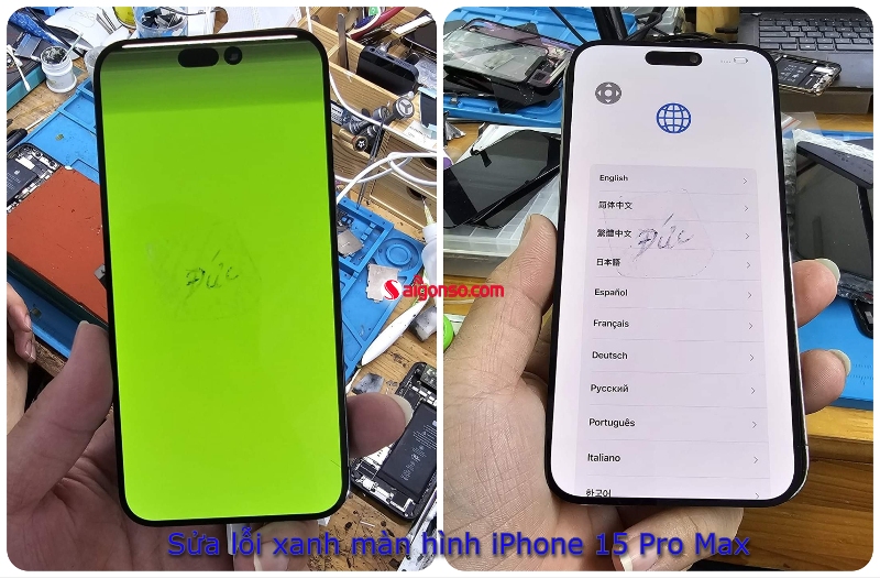 sửa màn hình iPhone 15 Pro Max bị xanh